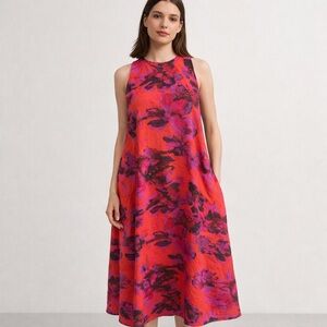 COS Abstract Floral Modal Blend Midi Dress EU 34 XS Coral Pink Trapeze Pockets